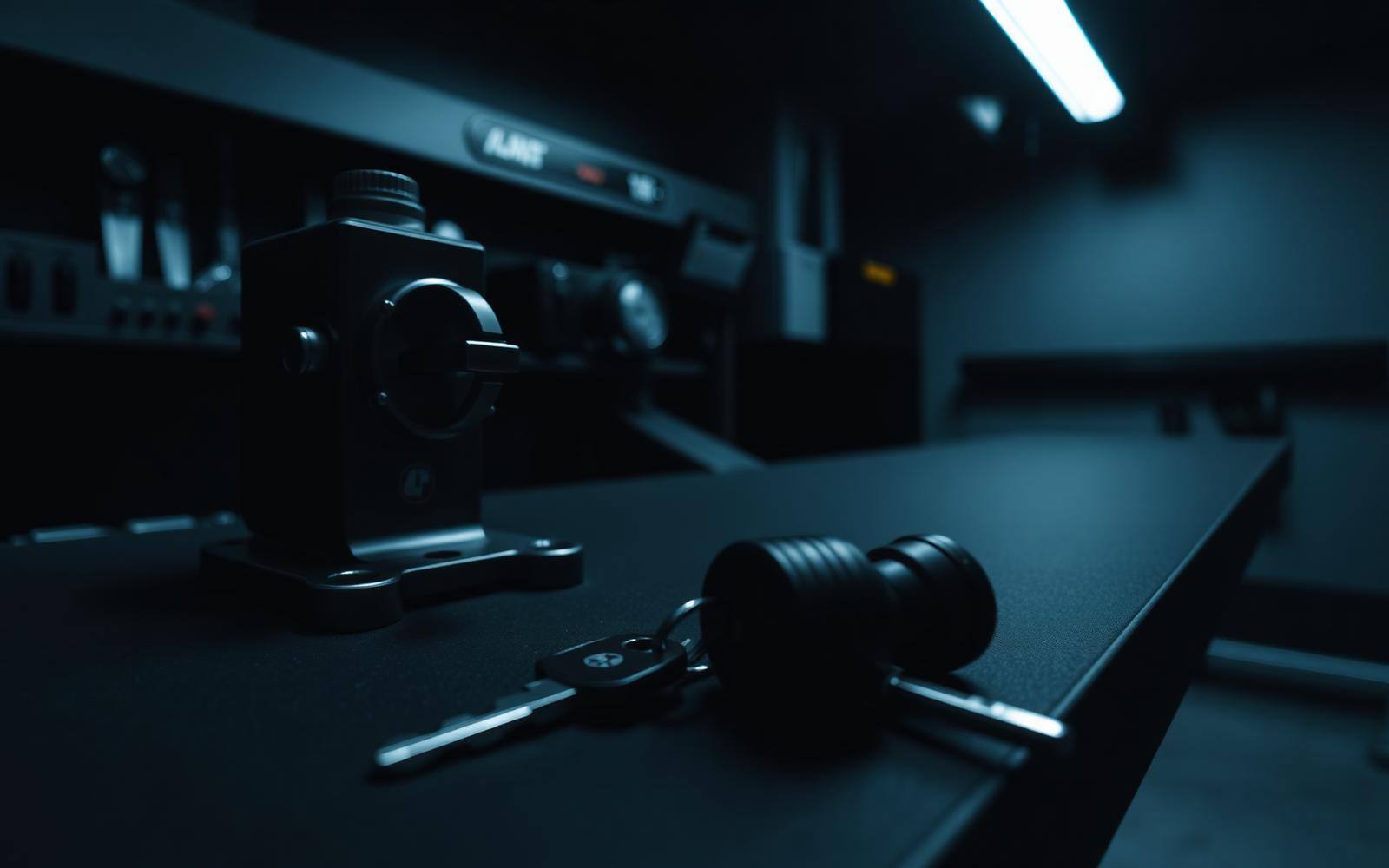 Key cutting machine and blank keys on a dark workshop bench