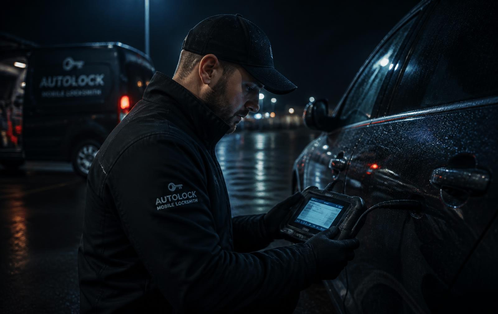 Technician programming a car key at night